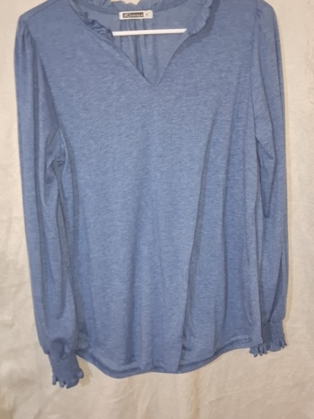 L.L. Bean Heathered Sky Blue Long Sleeve V-Neck Ruffle Trim Top